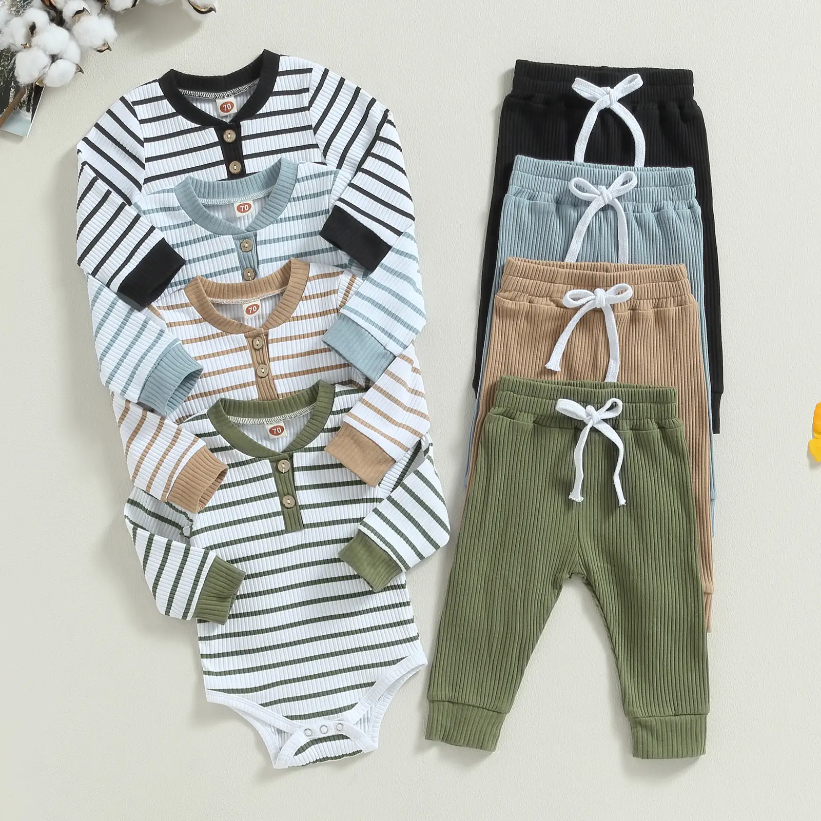 Newborn Baby Boy Clothes Ribbed Knitted Long Sleeve Romper Pants Solid Cotton Infant Fall Winter Outfits 2Pcs