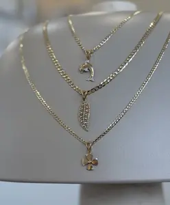 Set of Gold 18K Martilled Chain Necklace with Dangle Charms Including Feather & Flower Pendants
