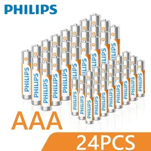 A 24-pack of Philips AAA carbon-zinc batteries featuring stable voltage, a long shelf life, and a safe, leak-proof design; suitable for remote controls, calculators, electronic toys, and household appliances.