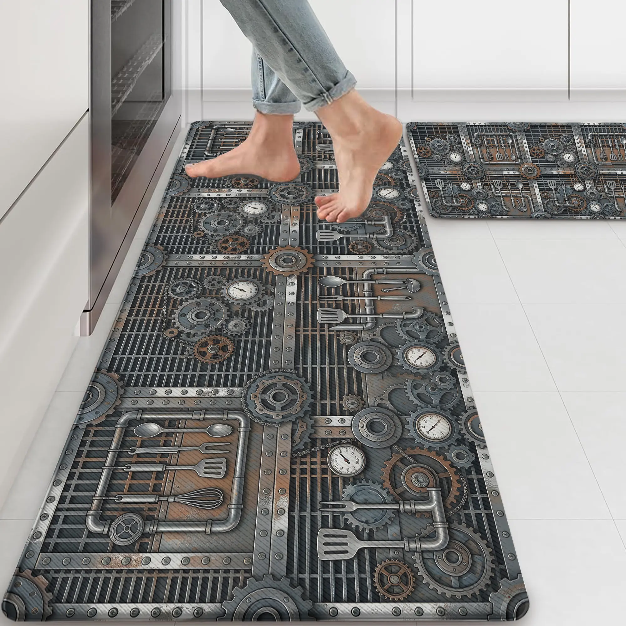 Steampunk Kitchen Mats Set of 2, Vintage Industrial Gear Pattern Anti Fatigue Floor Mat, Non Slip Cushioned Standing Rug for Kitchen Sink, Garage, Workshop, Laundry Room and Home Office