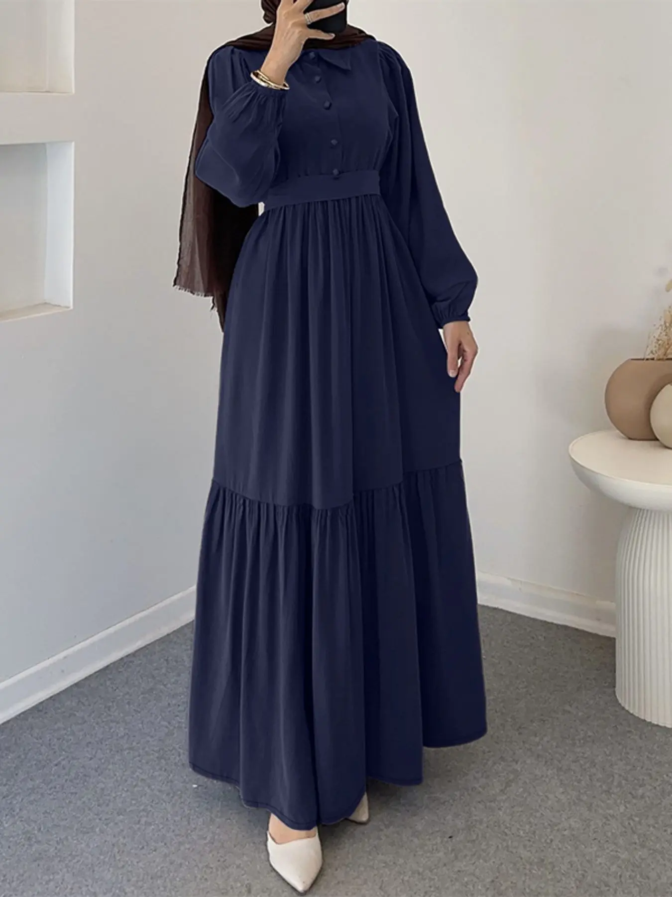 ZANZEA Women's Casual Modest Style Dress with Flounce Hem, Long Sleeve Lantern Sleeves, Waist Belt Design, Perfect for Daily, Ruffle Hem Belted, Modest Clothes