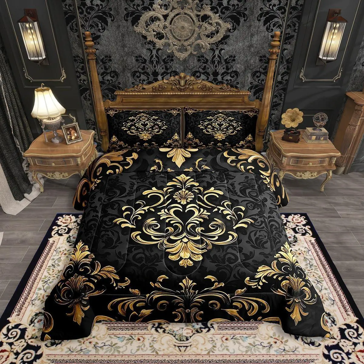 Black Gold Gothic Comforter Set,Vintage Boho Damask Floral Comforter,Bohemian Exotic Goth Bedding Set Adults Victorian Baroque Flower Bed Set