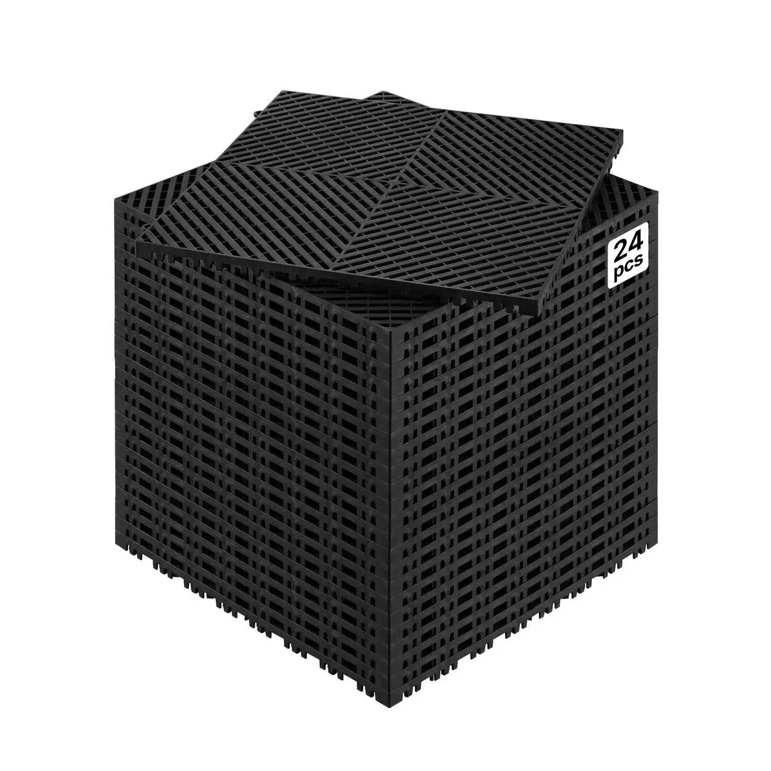 24-Pack Black Interlocking PP Drainage Mat, 15.7”x15.7” Modular Cushioned Non-Slip Floor Tile, for Garage, Garden, Home Improvement Flooring Supplies