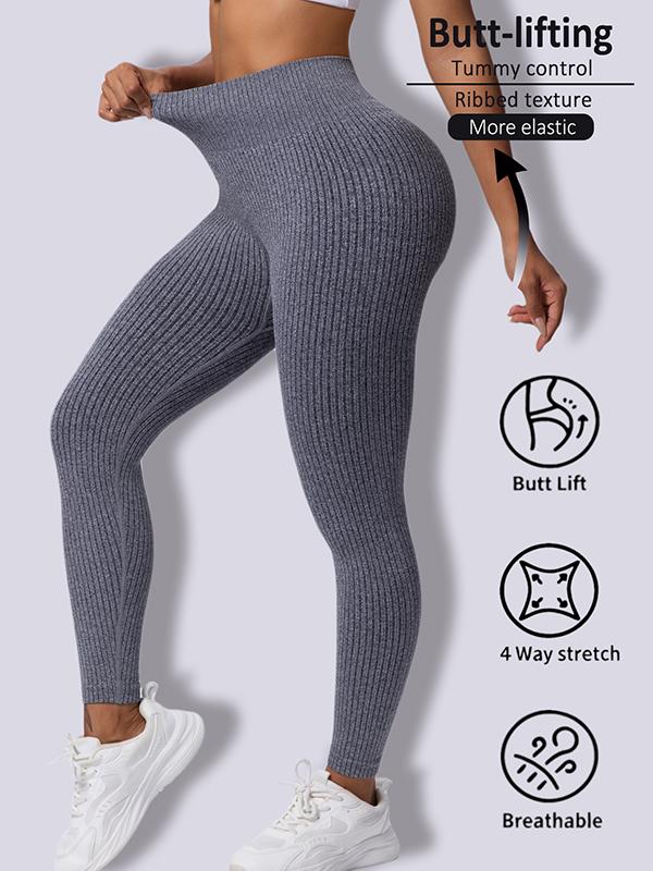 Fashion Candy Colors Women High-Waisted Butt-Lifting Tummy-Control Leggings, Soft Comfortable Breathable Elastic Ribbed Texture Sport Pants, Gym Workout Yoga Fitness Leggings, Suitable For Casual and Versatile Styles, Everyday Wear Must-Have For Wardrobe