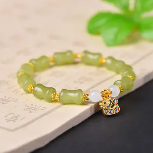 Natural Green Jade Bamboo Joint Beaded Bracelet with Dragon Pendant, Taoist Feng Shui Luck Charm