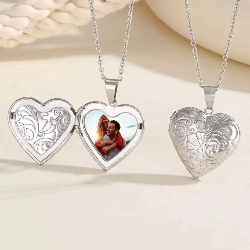 Vnox Dainty Heart Pos Pendant Necklaces,Stainless Steel Gold Silver Color Custom Picture Words Locket,Women Jewelry Gifts