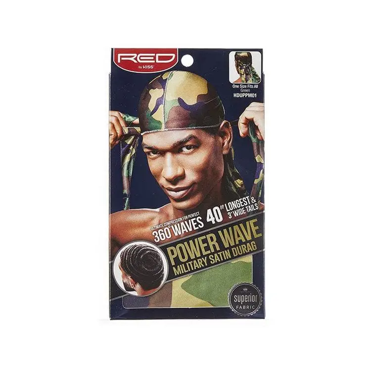 Red by Kiss Power Wave Satin Durag (Model HDUPPM01, Green) - Stylish Cape Cap, Unisex Clothes, Military Look Camouflage Print, 1 Size Fits All, 40in Long & 3in Wide Tails, Compression Wave Support, High-Quality Satin Fabric, Long-Term Wear, One Size Fits