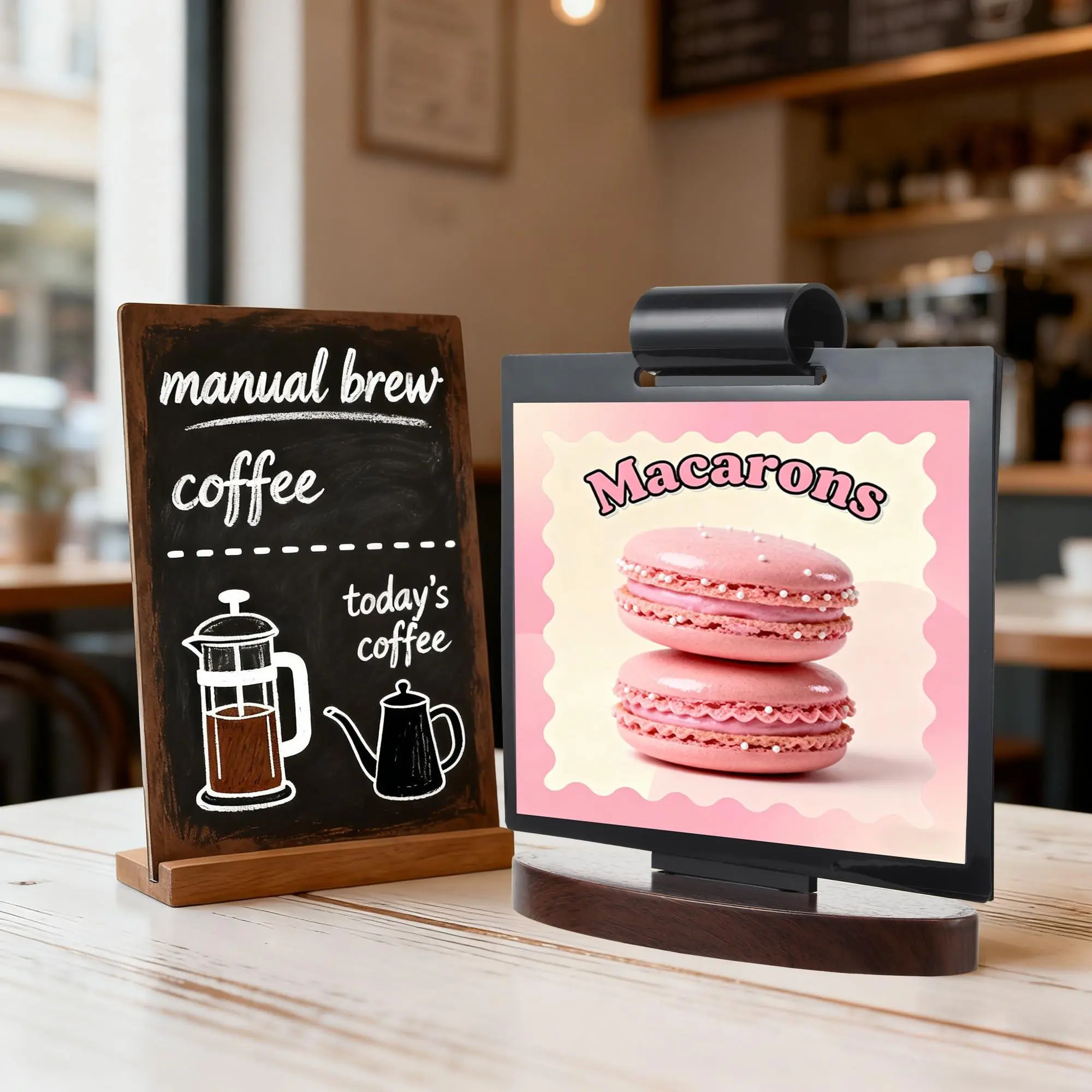 A5 Acrylic Tabletop Sign Holder | 2 Pack Horizontal Rotate Display Stand , Solid Walnut Wood Base, Non-Slip, Durable Menu & Poster Holder for Restaurant, Cafe