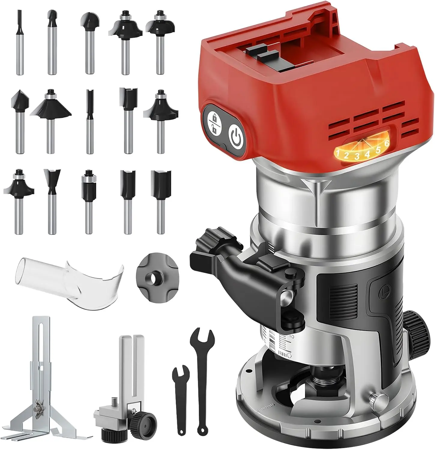 Cordless Router Tool Compatible with  18V Battery, 800W 28000 RPM Brushless Wood Router with 6Speed Control, Aluminum Base, Depth Adjustment, 15 Router Bits, for Woodworking(Tool Only)