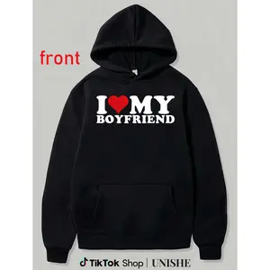 I Love My Boyfriend Heart Print Casual Hoodie – Perfect for Couple’s Matching Style