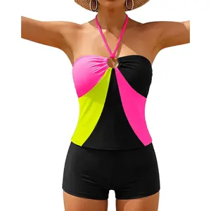 Women Tankini Swimsuits High Waisted Tummy Control Bathing Suit with Shorts 2 Piece Strapless Bandeau Swim Suits 2026