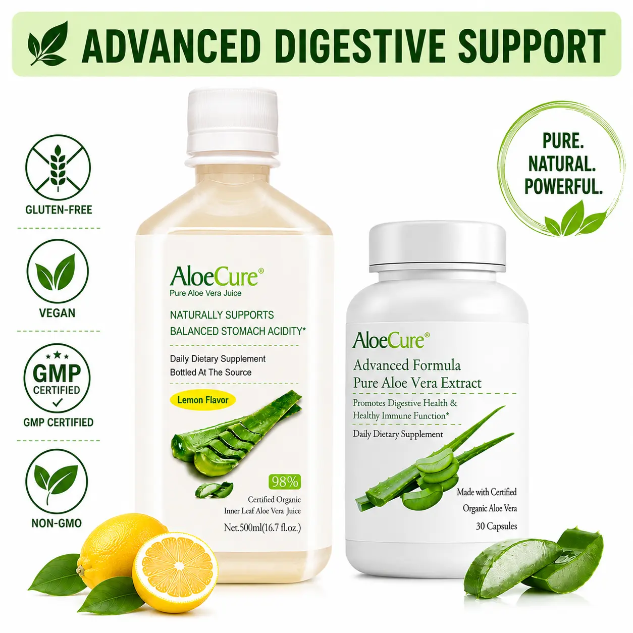 AloeCure Digestion Support Pack - Lemon Flavor Aloe Juice 1btl, Aloe Vera Capsules 30 caps