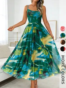 Summer New Chiffon Printed Dress, Watercolor Flower Waist Cinch Full Skirt, Double Layer Vacation Commute Versatile Long Dress
