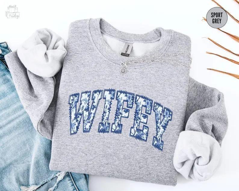 Toile De Jouy Wifey Sweatshirt , New Bride Gift , Coquette Bridal Shower Graphic Tees , Floral Honeymoon Crewneck, Fiance Sweater, Getting Ready Outfit..