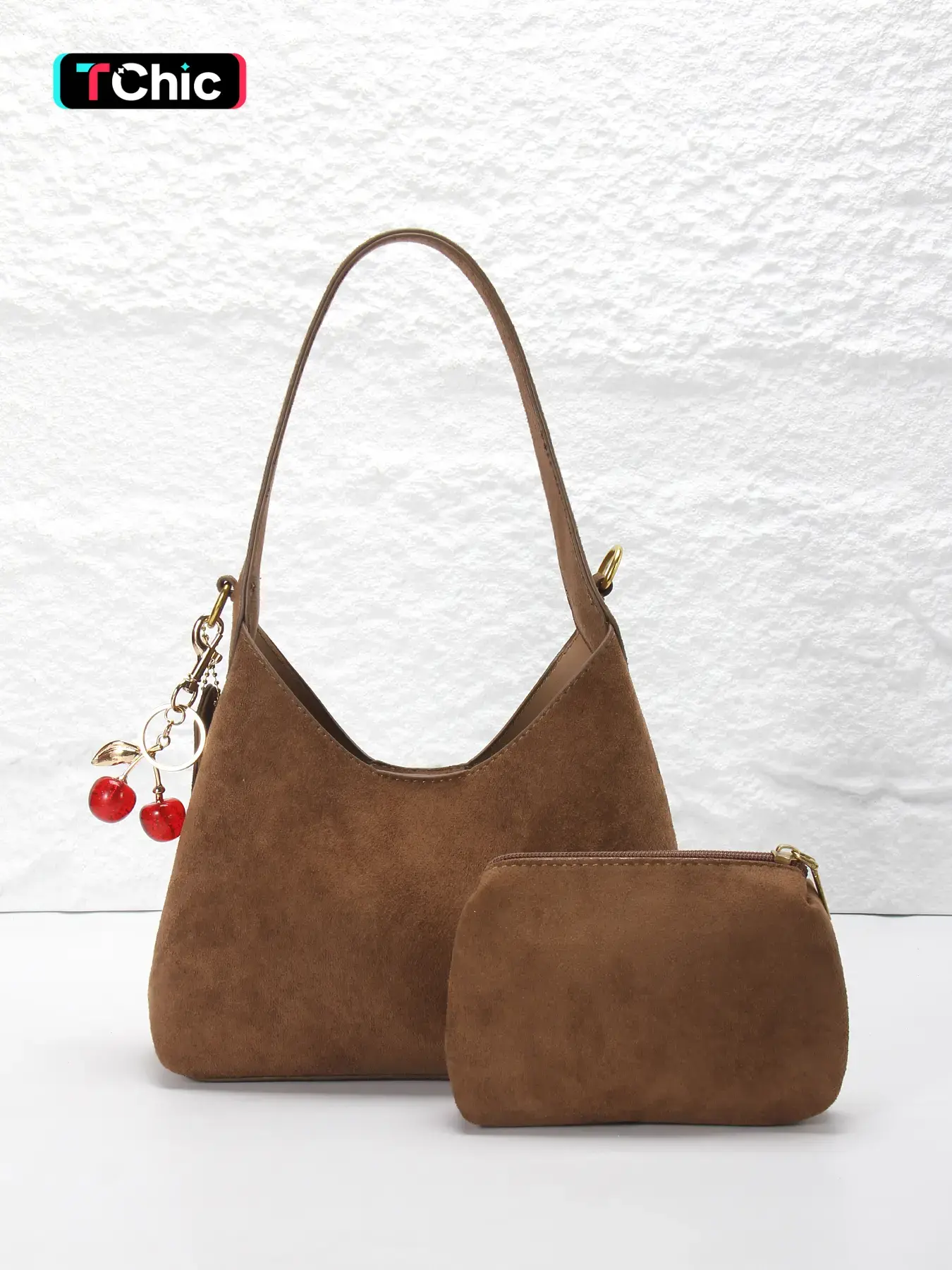 Melamine Suede Women's Shoulder Crossbody Bag with Underarm Carry, Vintage Crescent Tote Bag, Fall/Winter Shoulder Bag, Hobo Shoulder Bag, Cherry Pendant Accessory, Ideal for Daily Commutes or Family Outings, Handbag Shoulder Purse, Half Moon Purse