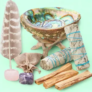 Sacred Smudging Set with Sage Sticks, Palo Santo Wood, Abalone Shell Stand & Feather Wand - Reusable Spiritual Cleansing Kit for Home, Negative Energy Cleansing & Aura Purification