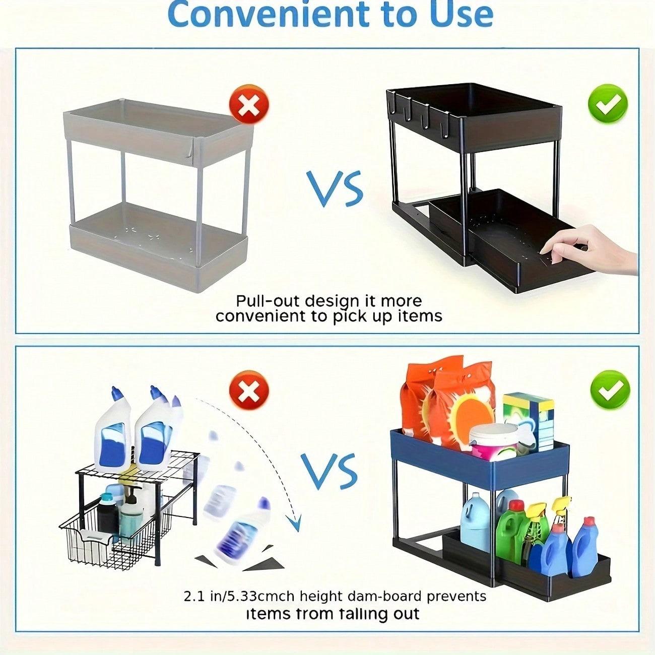 TAIMASI 2-Tier Under Sink Storage Organizer - 1pc Pull-Out Organizers With Slide Out Shelf And Metal Sliding Drawer For Kitchen, Bathroom, Pantry Cabinet, And Closet Organization - Space-Saving Solution For Maximizing Storage Capacity