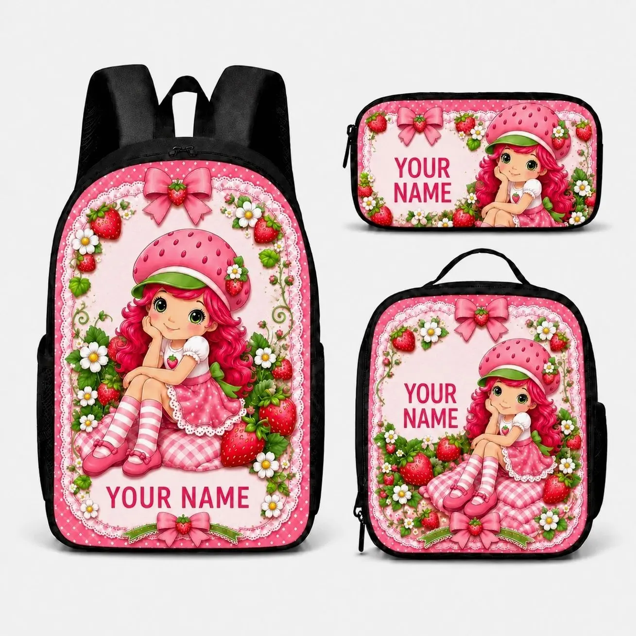 Custom Name Strawberry Garden Student Backpack Set 2026 | 3Pcs School Bag Insulated Lunch Bag Pencil Case | Personalized Gift for Kids