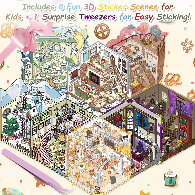 Adorable 8-Sheet Sticker Scenes Kit - Interactive DIY 3D Sticker Activity for Creative Play & Stress Relief Includes 8 Fun Scenes & Tweezers for Easy Sticking Perfect for Scrapbooking & Visual Storytelling