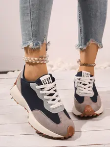 Women's Navy & Gray Suede Patchwork Platform Sneakers Lace-Up Thick Sole Walking Shoes Training Shoes Breathable Retro Trainers Comfortable Non-Slip Casual Sports Footwear All-Match Fashion Lifestyle Shoes Christmas Heartwarming Gift Thick Soled Sneakers