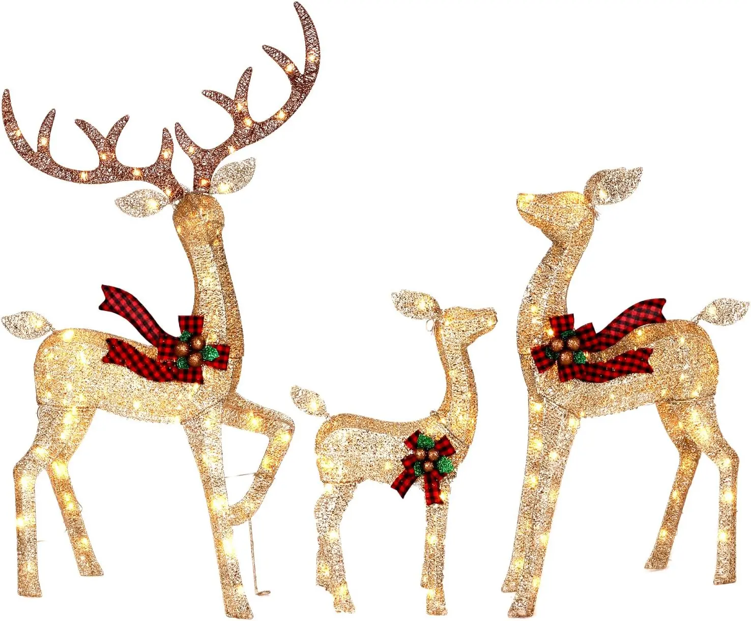 3-Piece Large Lighted Christmas Deer Family Set, 3D Reindeer with 225 Warm White LED Lights, Ground Pegs, Cable Ties.