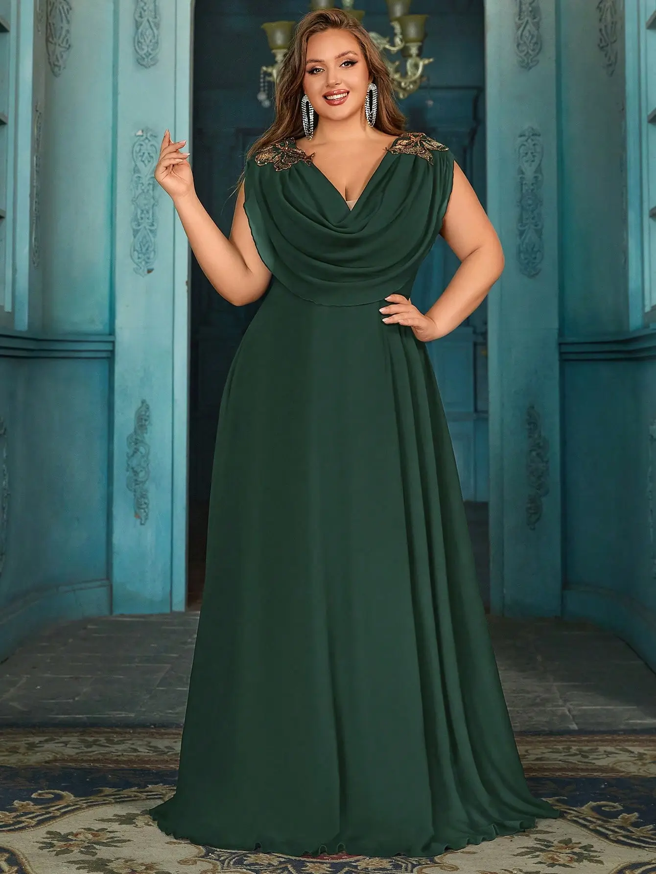 Plus Size Emerald Green Chiffon Bridesmaid Dress Drop Shoulder Cowl Neck  Formal Evening Gown - TikTok Shop