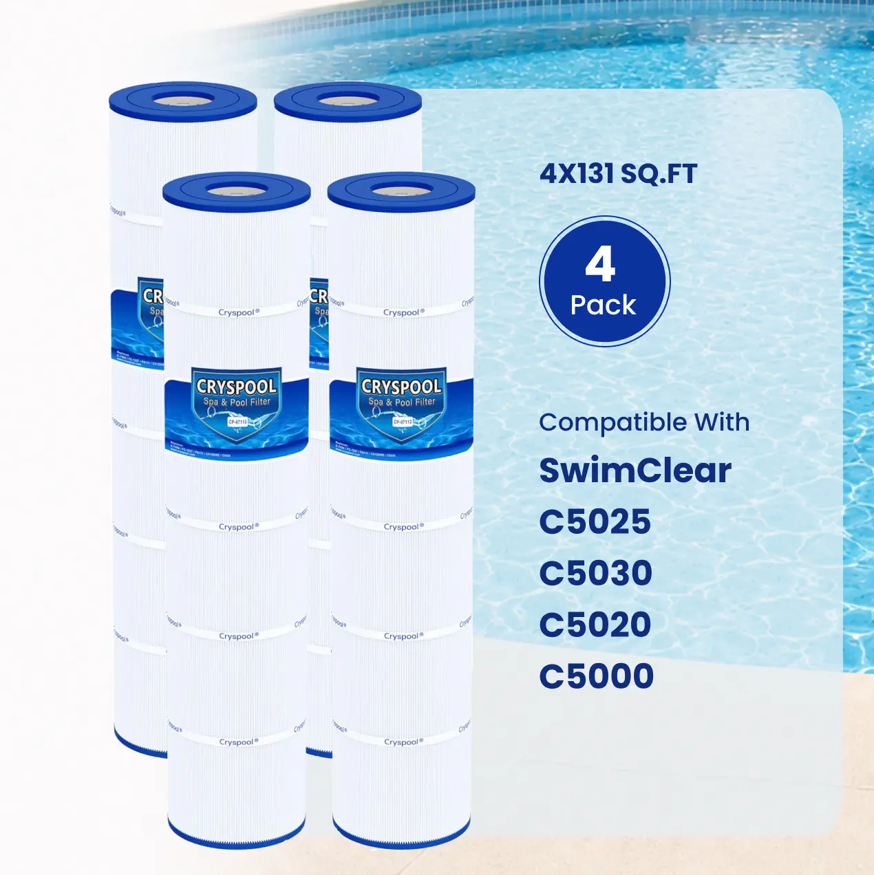 C5030 Filter Compatible with Hayward SwimClear C5025, C5030, C5000, C5020, CX1280RE, Pleatco PA131-PAK4, Unicel C-7494, Filbur FC-1227, Cryspool 4 ×131 Sq. Ft Pool Filter Cartridge, 4 Pack, Swimming Pool Cartridges