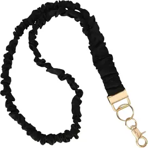 Stretchy Scrunchie Lanyard for ID Badges Keys, Teacher Neck Lanyard with Secure Clip Soft Elastic Keychain Card Holder for Women Nurse Doctor (Black)