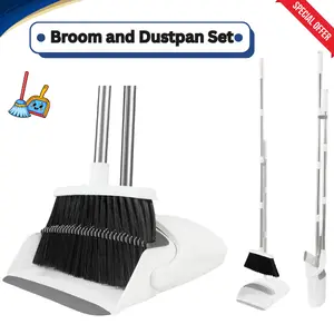 Broom and Dustpan Set – 52” Long Handle Adjustable Combo with Built-In Teeth for Hair Removal, Upright Standing, Silicone Long Handle Broom Dustpan, Self-Cleaning, Ergonomic, Pet Hair Remover - Easter Gift
