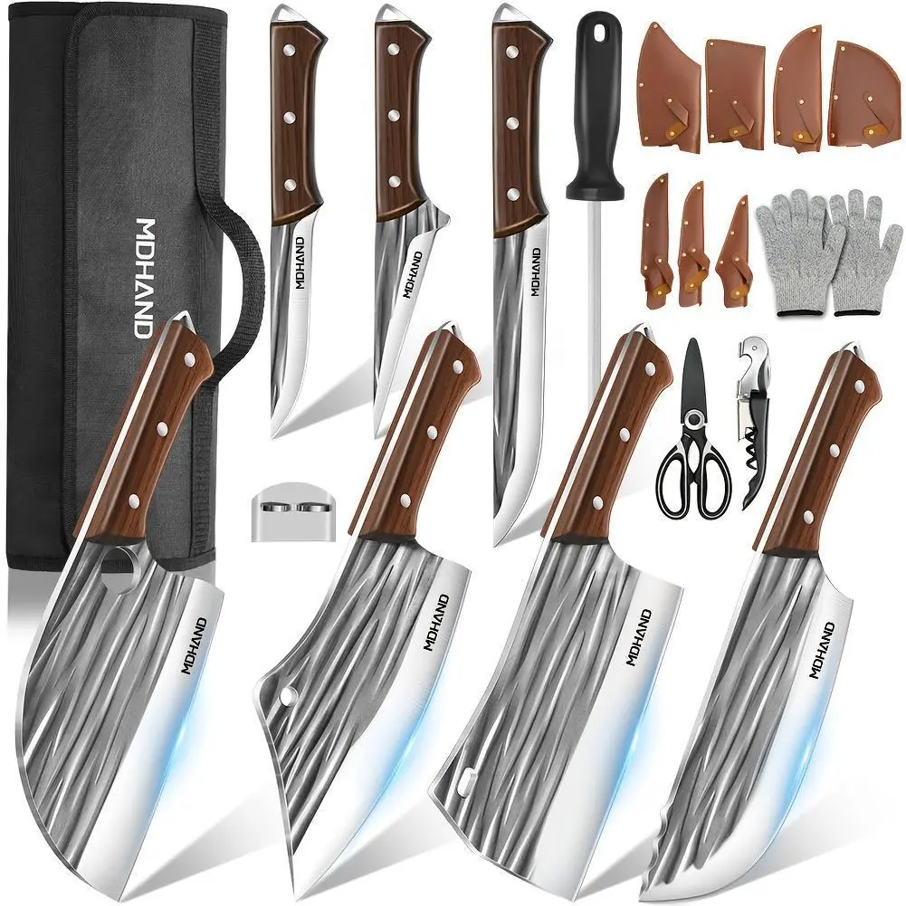 14-Piece Professional Grade High Carbon Stainless Steel Kitchen Knife Set - Ergonomic Wood Handle, Meat Bone Cleaver, 3-7 Inch Butcher, Boning, Utility, Splitting Knives & Roll Bag for Home Kitchen Use (Type A), Kitchenware, 14-Piece Set - Type A, Bottle