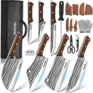 Professional 14pcs Kitchen Chef Knife Set Includes Roll Bag 3-7 Inch, Butcher, Cleaver, Boning, Utility, Splitting Knives For Meat Cutting Fruit Vegetable, High Carbon Stainless Steel Sharp, With Ergonomic Wood Handle, For Kitchen Outdoor Cooking
