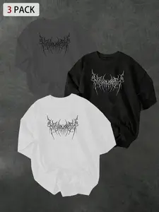 Men's 3 Pack Gothic Thorn Graphic T-Shirts, Vintage Metal Print, Short Sleeve, Casual Loose Fit, Streetwear, Punk, Hip Hop