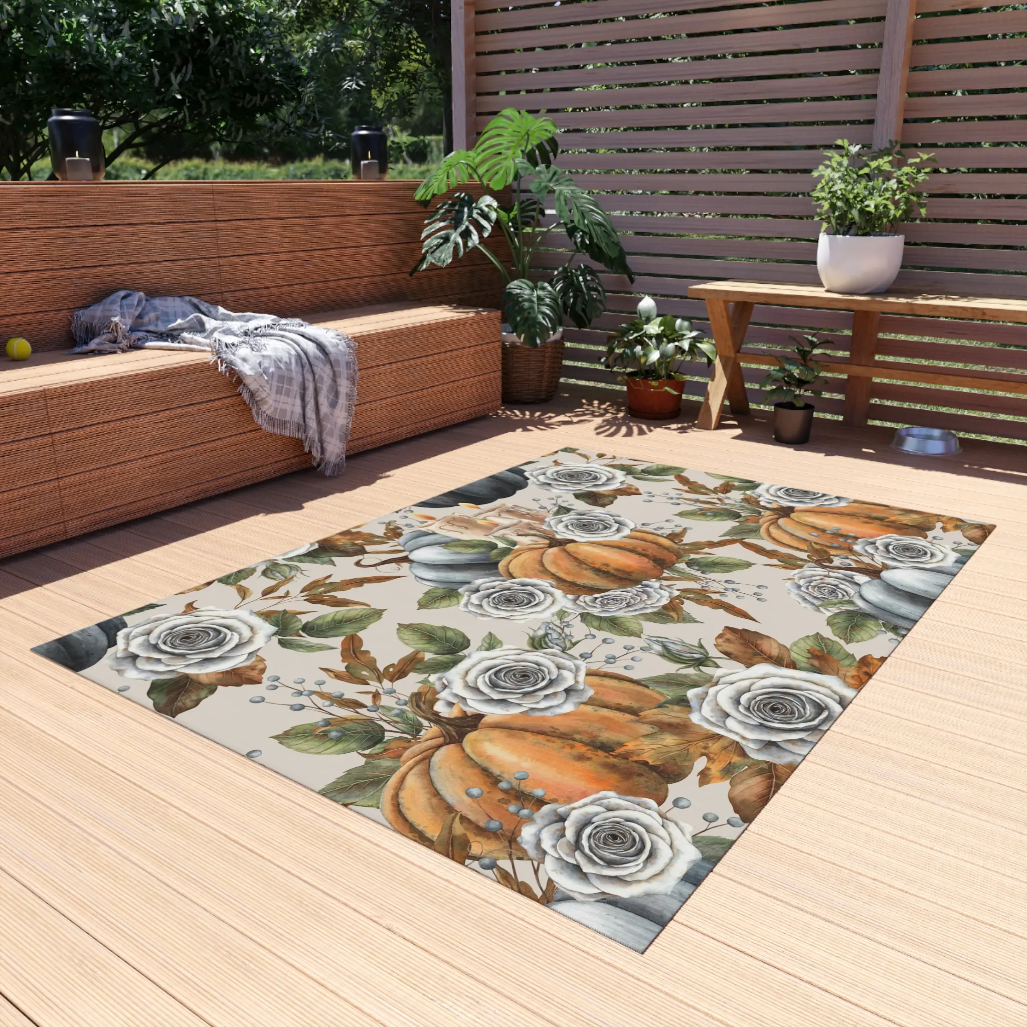 Fall Floral Outdoor Rug, Pumpkin Decor, Garden Mat, Patio Rug, Autumn Home Decor, Outdoor Area Rug, Seasonal Rug