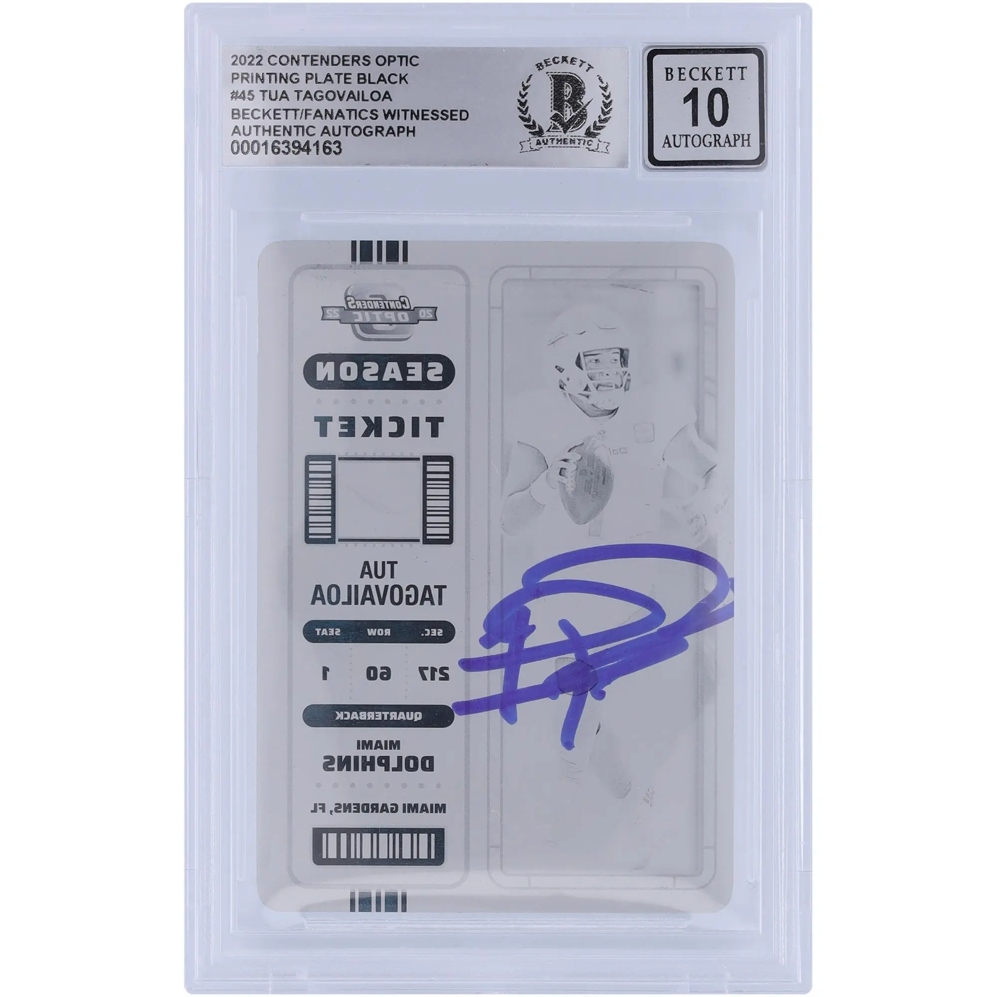 Tua Tagovailoa Miami Dolphins Autographed 2022 Panini Contenders Optic Black Printing Plate #45 #1/1 Beckett Fanatics Witnessed Authenticated 10 Card - Fanatics Authentic Certified