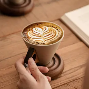 Sturdy BeadBreath Funnel-Shaped Ceramic Coffee-Tea Drink Mug, Vintage Style Large Capacity Cup with Wooden Handle, Spiral Base, Camping Picnicware Set