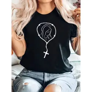 Virgin Mary God Jesus Faith Religious Catholic Gift T-Shirt Print Cotton Women T Shirt, Short Sleeve Round Neck Casual Top For Summer & Spring, Women's Clothing