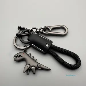 BeadBreath Dinosaur Metal Keychain, Woven Rope & Leather Key Holder, Cool Car & Motorcycle Key Pendant, Fashion Bag Charm Gift for Men