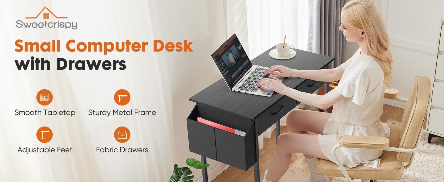 Computer Desk with Drawers Study Writing Table with Storage Bag Headphone Hook Adjustable Feet for Home Office Small Spaces