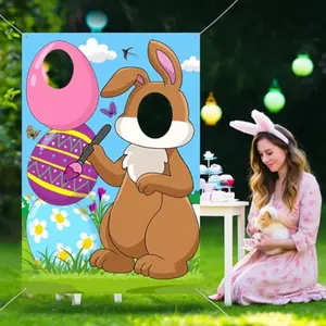Easter Bunny Photo Door Banner, Large Fabric, Happy Easter Photo Props, Egg Bunny Face Backdrop, Polyester, Washable, Pull Flag Banner, Photo Backdrops, Party Decoration Supplies, Yard Sign Banner