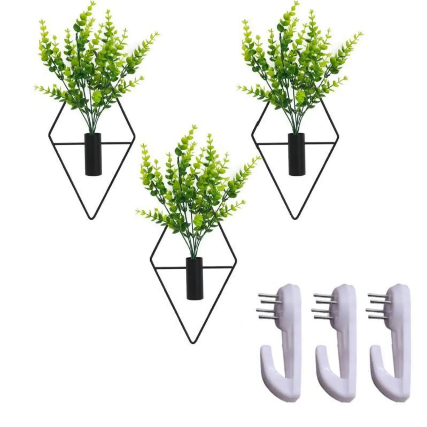 3Pcs Black Diamond Geometric Metal Hanging Plant Pots with Eucalyptus Artificial Plants, Indoor Wall Decor Holders for Living Room Bathroom Home Improvement, Hanging Plant Pot