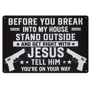 Funny Wall Decor Metal Sign – “Stand Outside & Get Right With Jesus” Tin Sign, 8×12 Inch Bold Gun Rights Wall Art for Patriotic Home, Garage & Man Cave – Palette&Wall Rustic Farmhouse Design Matte