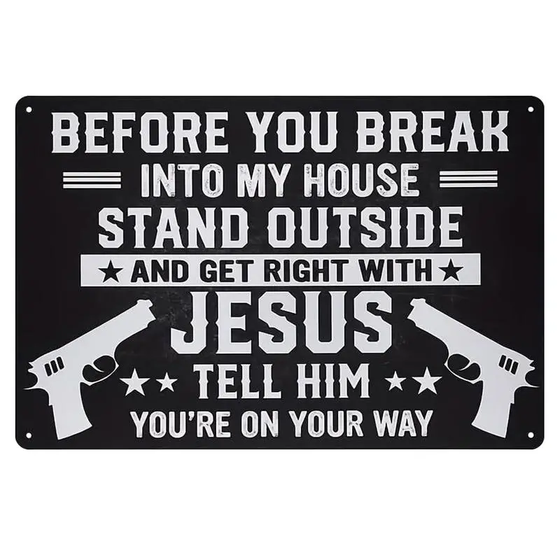 Funny Wall Decor Metal Sign – “Stand Outside & Get Right With Jesus” Tin Sign, 8×12 Inch Bold Gun Rights Wall Art for Patriotic Home, Garage & Man Cave – Palette&Wall Rustic Farmhouse Design Matte
