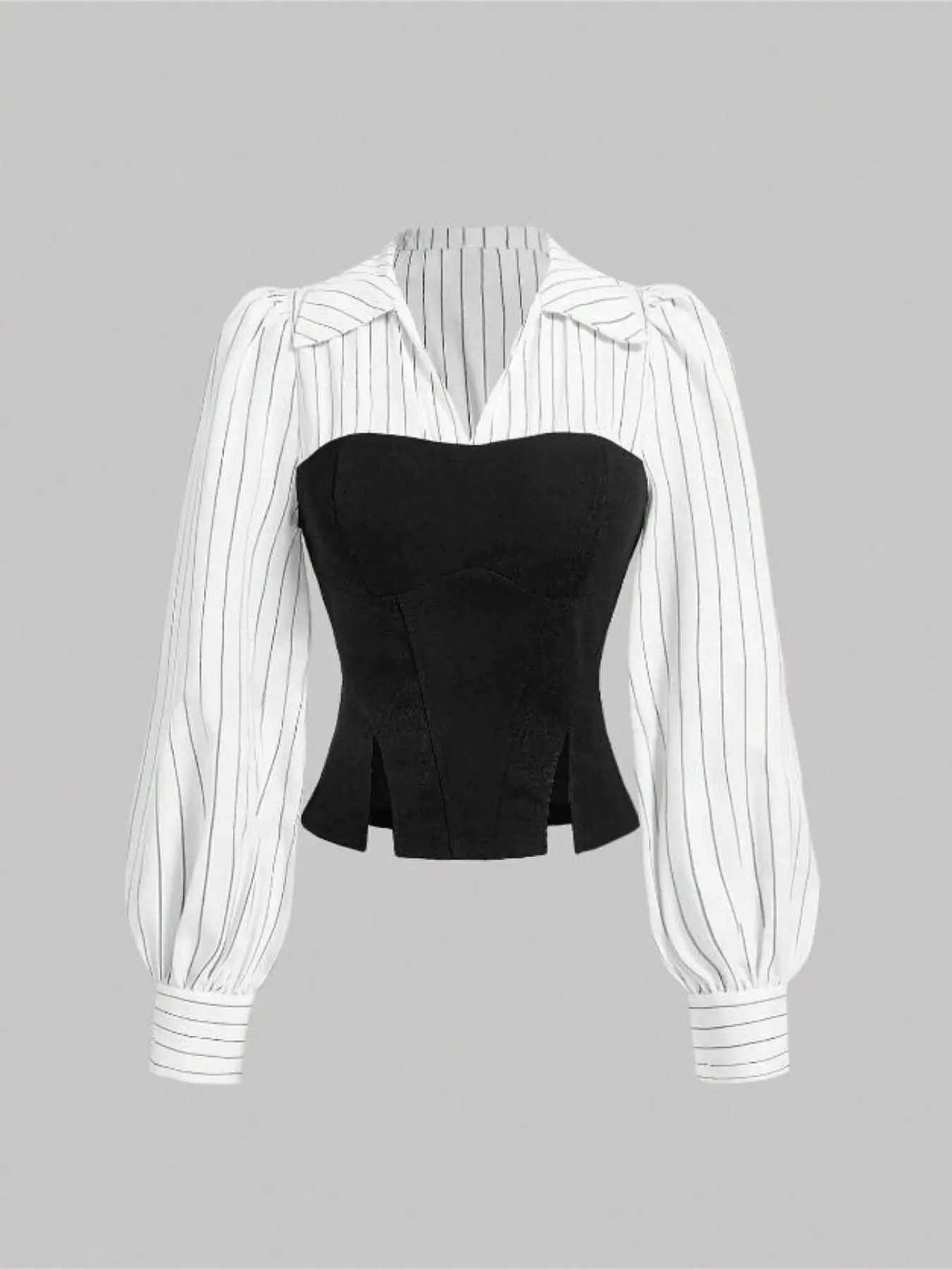New Colorblock Mock Two-Piece Waist Cinching Shirt Blouse, Casual Top Womenswear, Striped Long Sleeve Bubble Sleeve Patchwork Design, Side Slit Slimming Aesthetic