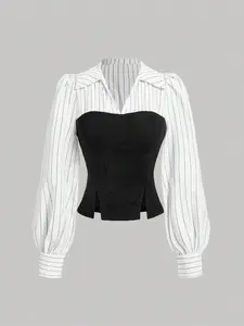New Colorblock Mock Two-Piece Waist Cinching Shirt Blouse, Striped Bubble Sleeve Patchwork Design, Side Slit Slimming Aesthetic