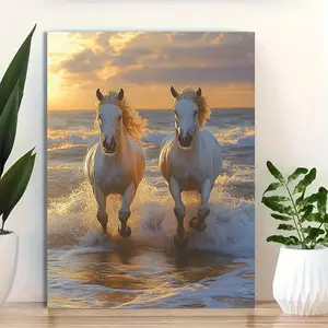 1pc Framed Horse - Galloping Horses on Beach Wall Art, 12x16 Inch Framed Canvas Print, Running Horses Coastal Horse Artwork for, Bedroom, Office Decor - Perfect Equestrian Gift Suitable for Horse Lovers, 2D Flat, Perfect for Room Decor	