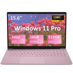 15.6" pink laptop with 16GB RAM, 512GB SSD, Intel N95, FHD IPS display, backlit keyboard, fingerprint reader, Windows 11 Pro, and USB-A x2.