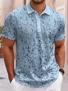 Light blue short-sleeved polo shirt, fully printed with golf elements, such as golf carts, golf clubs, golf balls, patterns, casual sport style, suitable for golf activities or daily leisure, polyester fabric, Casual Wear