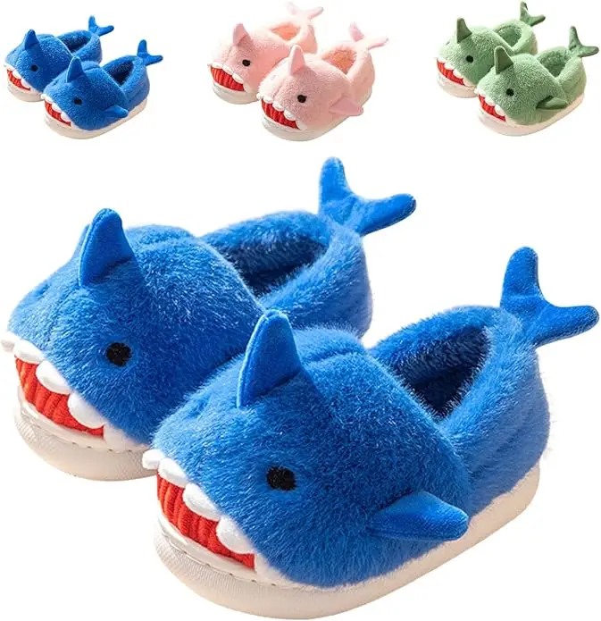 Drecage Kids' Shark Slippers - Cotton Plush Warm Non-Slip Indoor Shoes for Boys & Girls - Cozy Fleece Lined Round Toe Slippers for Christmas Birthday