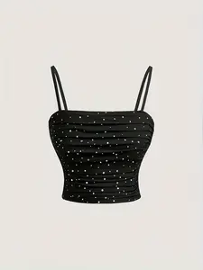 Women Sexy Rhinestone Detailing Ruched Crop Top Y2K Baddie Aesthetic Night Luxe Sparkly Camisole Party Ready Going Out Party Clubwear Adjustable Spaghetti Strap Tank Top Edgy Dark Feminine Slim Fit Sleeveless Summer Fashion Tops Womenswear