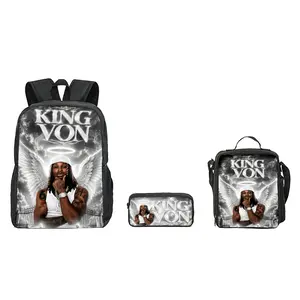 3Pcs King Von Backpack Set - Lightweight, Comfortable Student Laptop Bag with Pencil Case & Lunch Bag for Teen Rapper Fans, Ideal for School & Travel